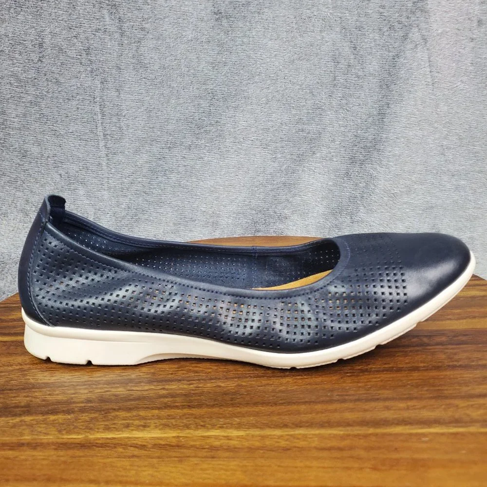 Clarks Flats Womens 11 Blue Leather Jenette Ease Slip On Ballet Perforated Shoes